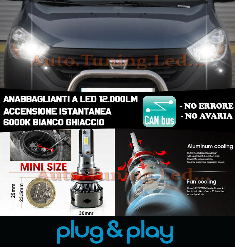 LAMPADE ANABBAGLIANTI LED DACIA LODGY DOKKER ISTANTANEO NO AVARIA 12.000LM