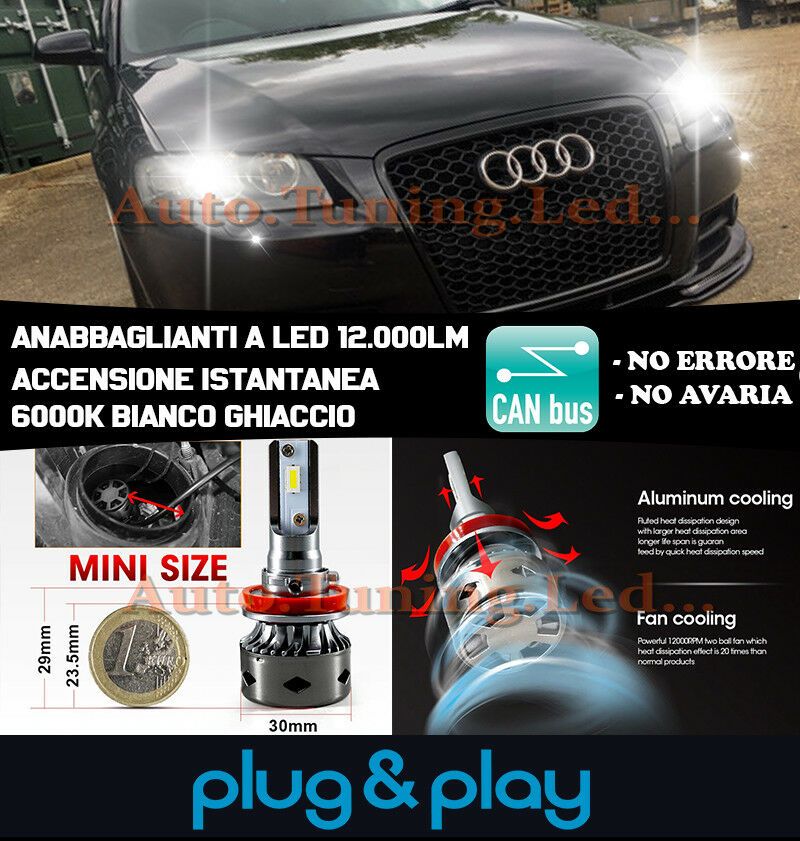 LAMPADE ANABBAGLIANTI LED AUDI A3 8P 2003-2012 ISTANTANEO NO AVARIA 12.000LM