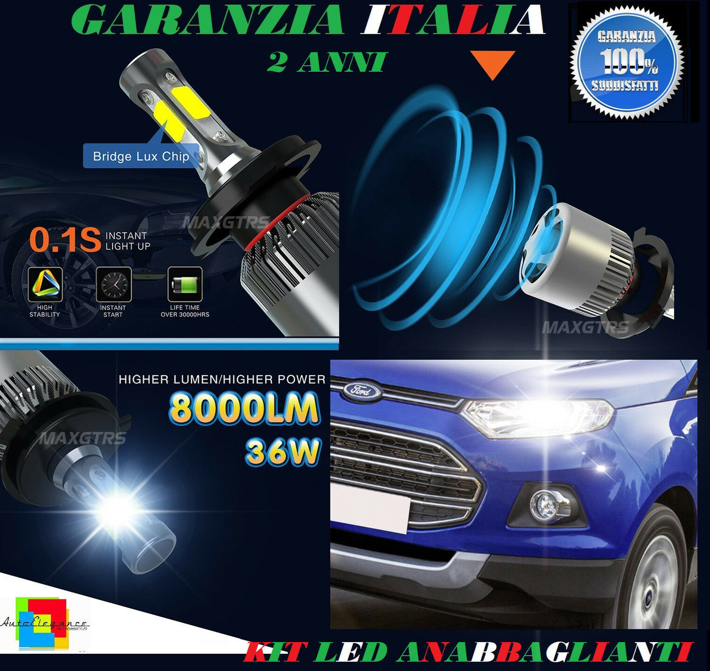 LAMPADE ANABBAGLIANTI ABBAGLIANTI 36W 8000LM LED FORD ECOSPORT 2011+ 6000K