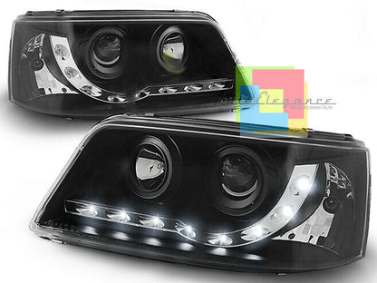 VW T5 TRANSPORTER 2003-2009 LENS HEADLIGHTS BLACK LED POSITION LIGHTS H1 / H1