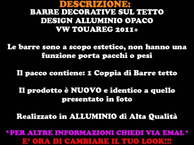 BARRE SUL TETTO VW TOUAREG 2011+ MANCORRENTI DECORATIVI ALLUMINIO OPACO AUTOELEGANCERICAMBI