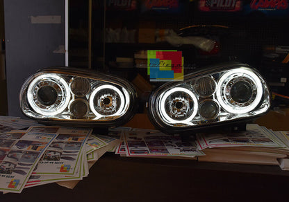 VW GOLF 4 1997-2003 FARI ANTERIORI CROMATI CON ANGEL EYES BIANCHI