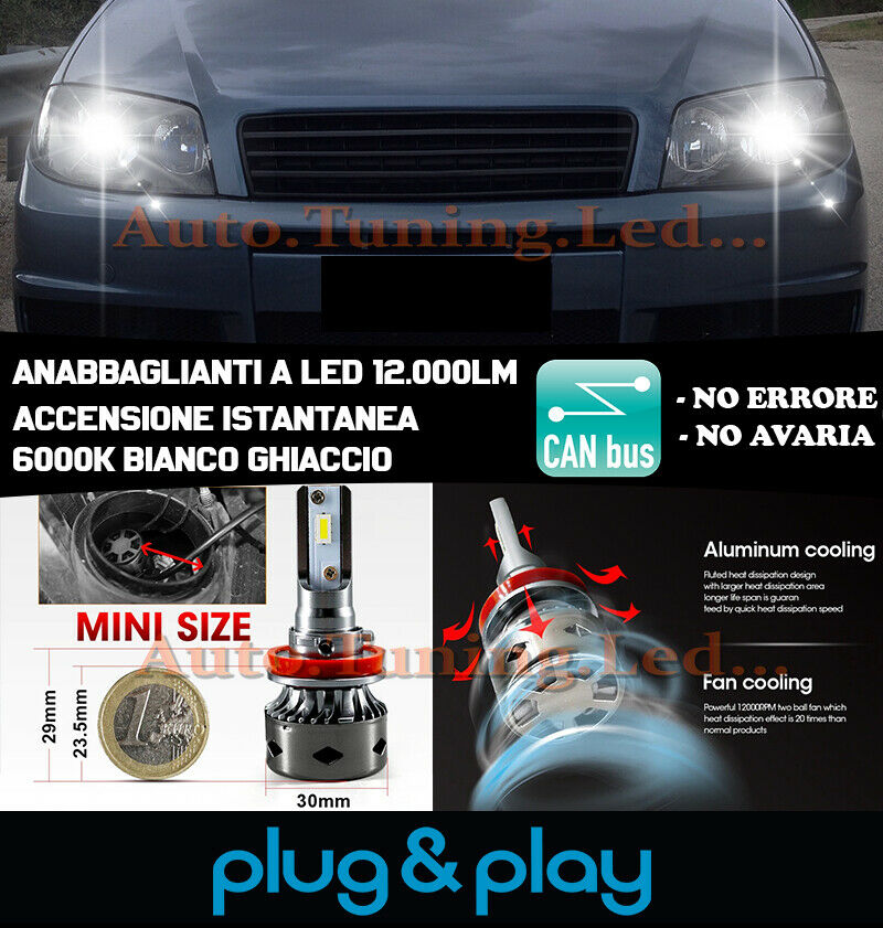 LED LOW BEAM HEADLIGHTS FIAT PUNTO CLASSIC 188 INSTANT NO FAILURE 12.000LM