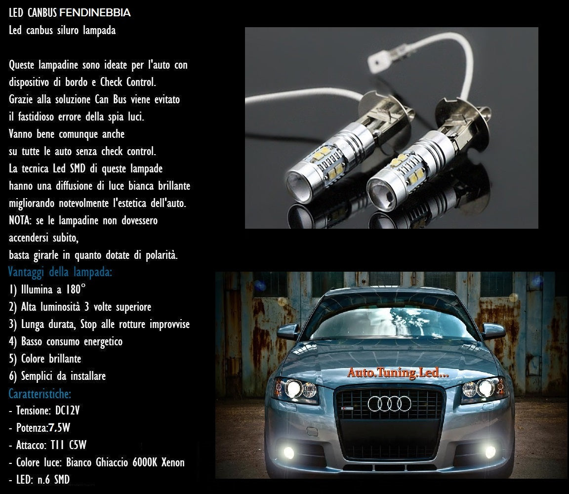 ALFA ROMEO 147 2005+ 2X LAMPADE FENDINEBBIA H3 LED CREE RESISTENZA CANBUS 6000K AUTOELEGANCERICAMBI