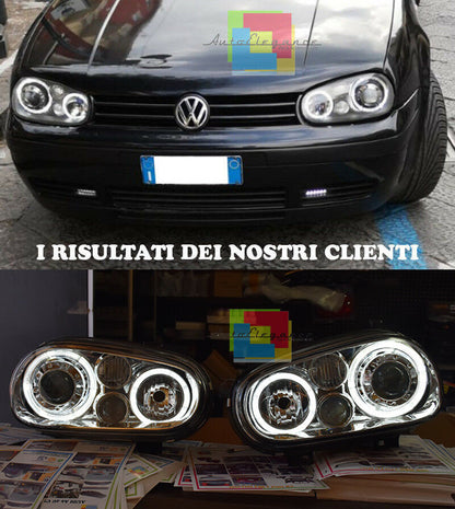 VW GOLF 4 1997-2003 FARI ANTERIORI CROMATI CON ANGEL EYES BIANCHI