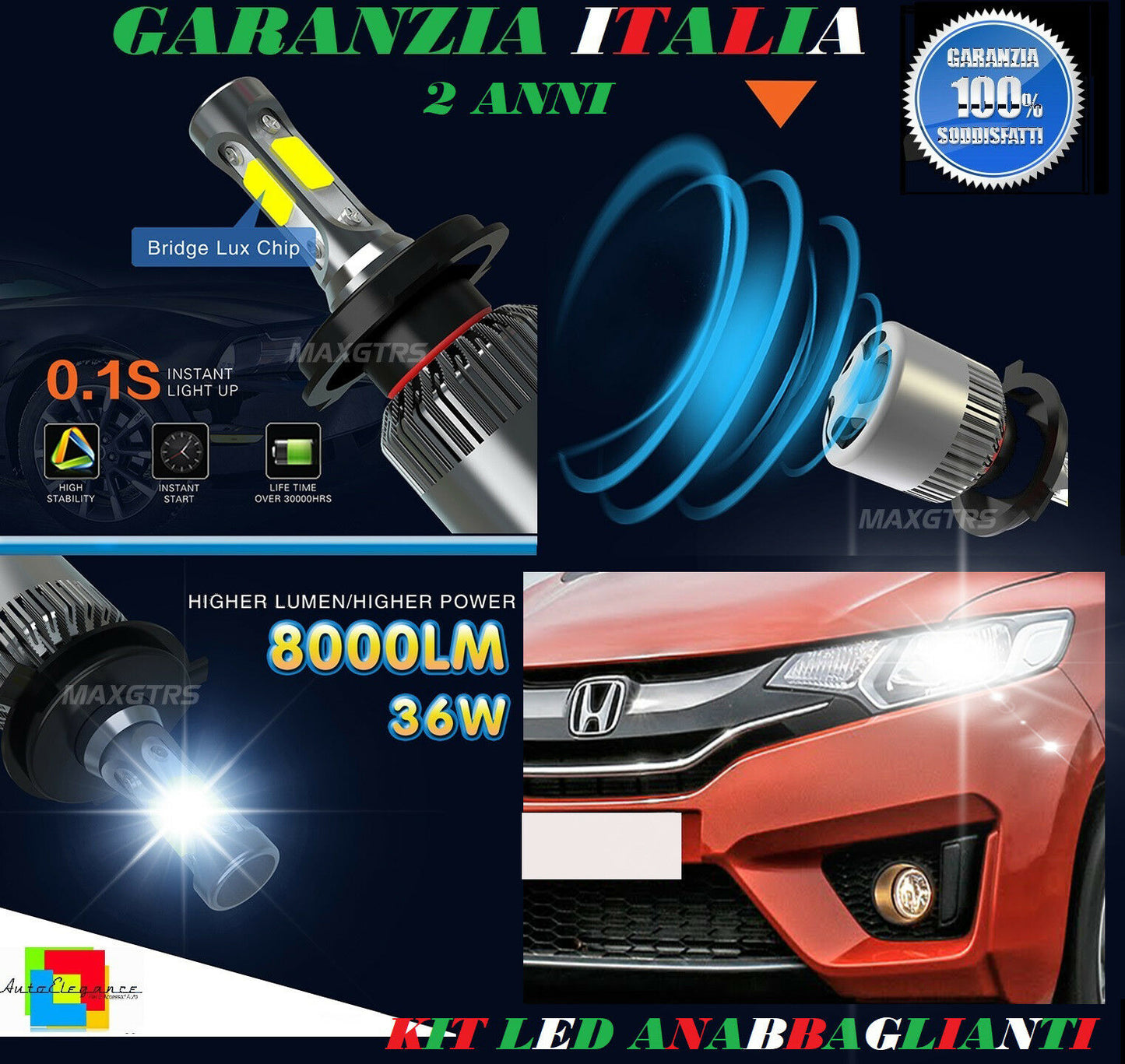 LAMPADE ANABBAGLIANTI ABBAGLIANTI 36W 8000LM LED HONDA JAZZ 2013 IN POI 6000K