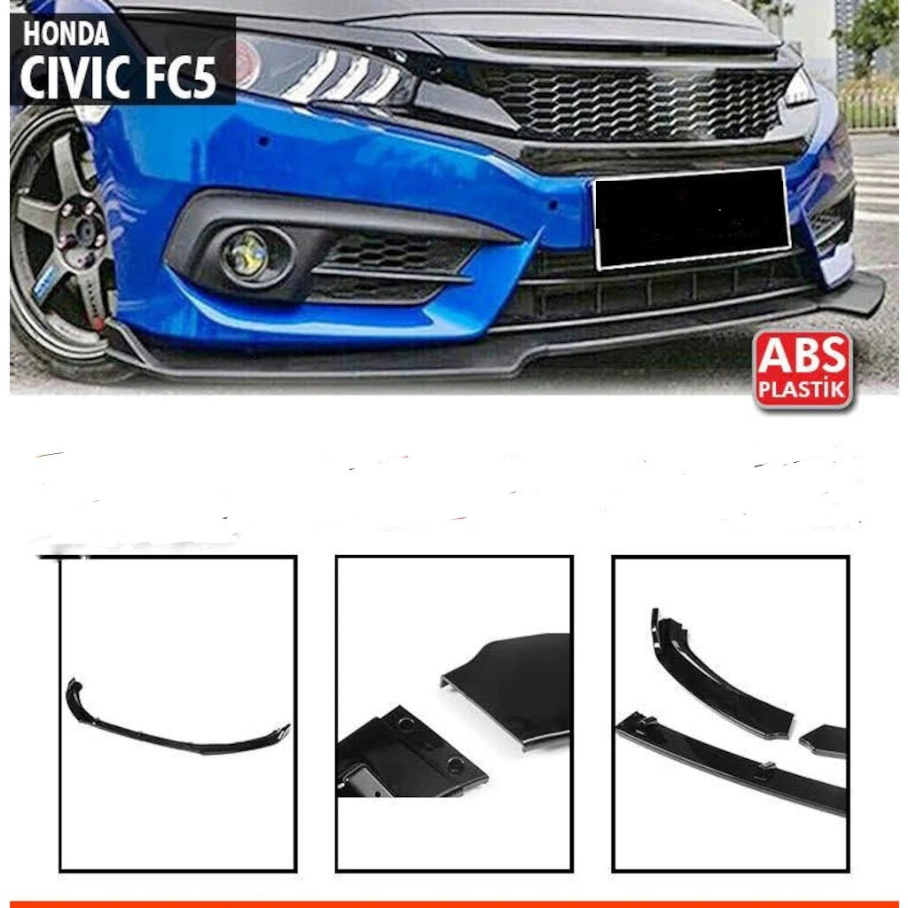 HONDA CIVIC X 2015+ FRONT BUMPER SPLITTER 3 PIECES ABS GLOSS BLACK