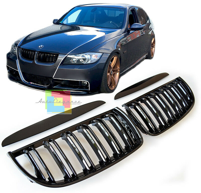 BMW SERIE 3 E90 E91 2005-2008 GRIGLIA ANTERIORE M3 DOPPIA LAMA LOOK NERO AUTOELEGANCERICAMBI