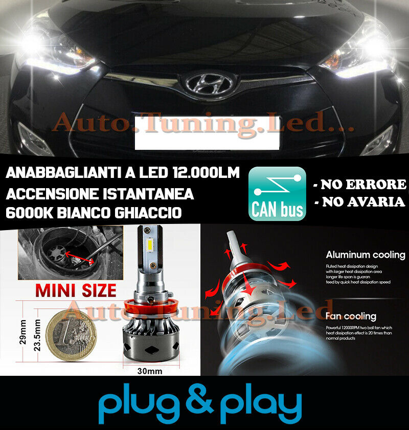 LAMPADE ANABBAGLIANTI LED HYUNDAI VELOSTER ISTANTANEO NO AVARIA 12.000LM