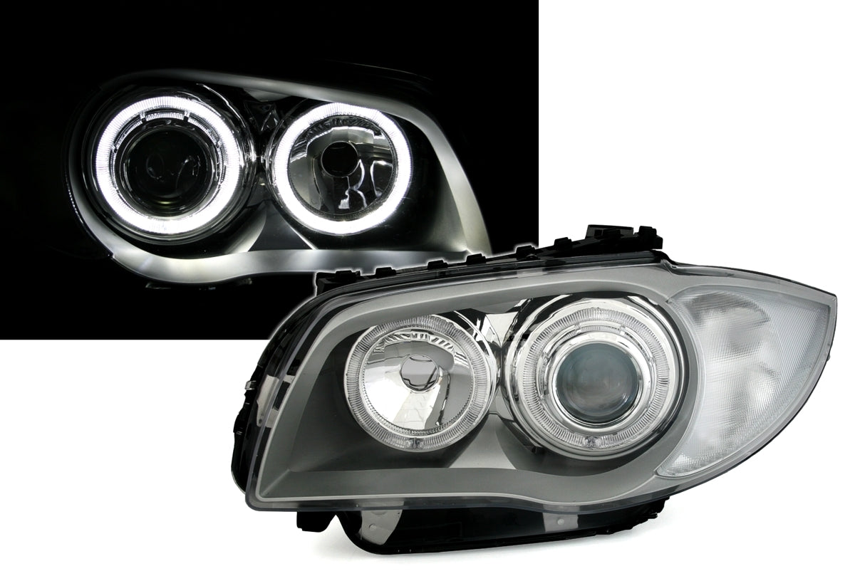 FARI SATINATI CON ANELLI ANGEL EYES LED BIANCHI BMW E81 E82 E87 E88 04-11