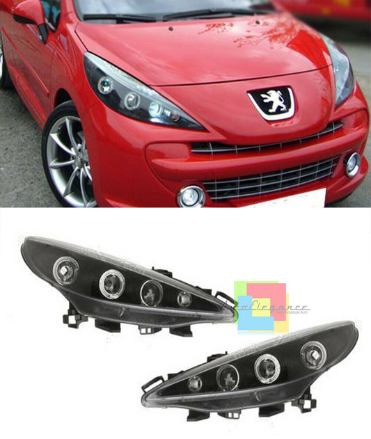 PEUGEOT 207 2006-2012 FARI ANTERIORI NERI LENTICOLARI ANGEL EYES