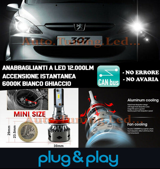 LAMPADE ANABBAGLIANTI LED PEUGEOT 307 ISTANTANEO NO AVARIA 12.000LM