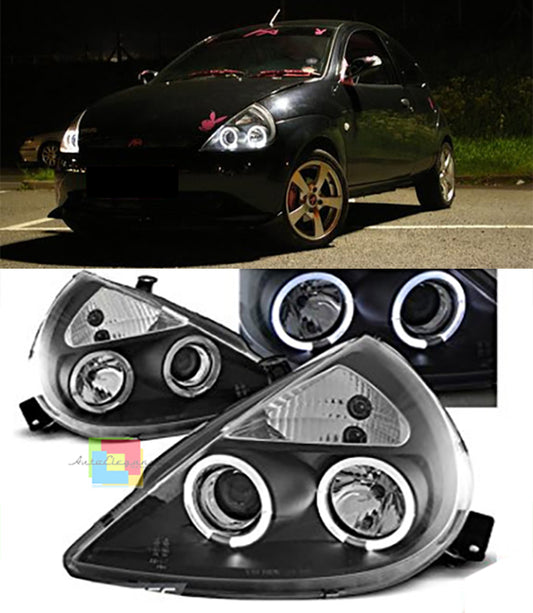 FORD KA 1996-2008 BLACK HEADLIGHTS ANGEL EYES LENTICULAR H1 / H1