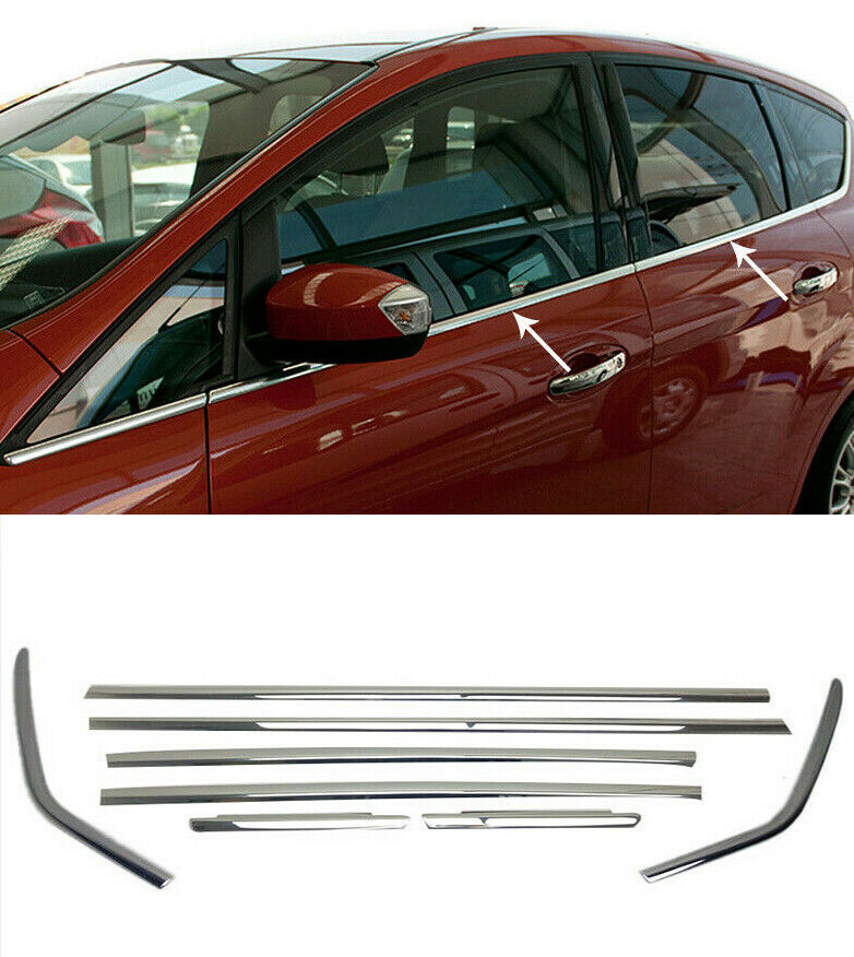 MODANATURE ADESIVE FORD C-MAX II 2010+ CORNICI FINESTRINI CROMATE ACCIAIO INOX .