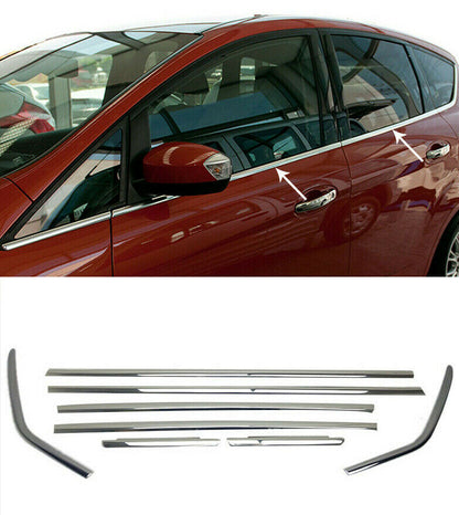 MODANATURE ADESIVE FORD C-MAX II 2010+ CORNICI FINESTRINI CROMATE ACCIAIO INOX .