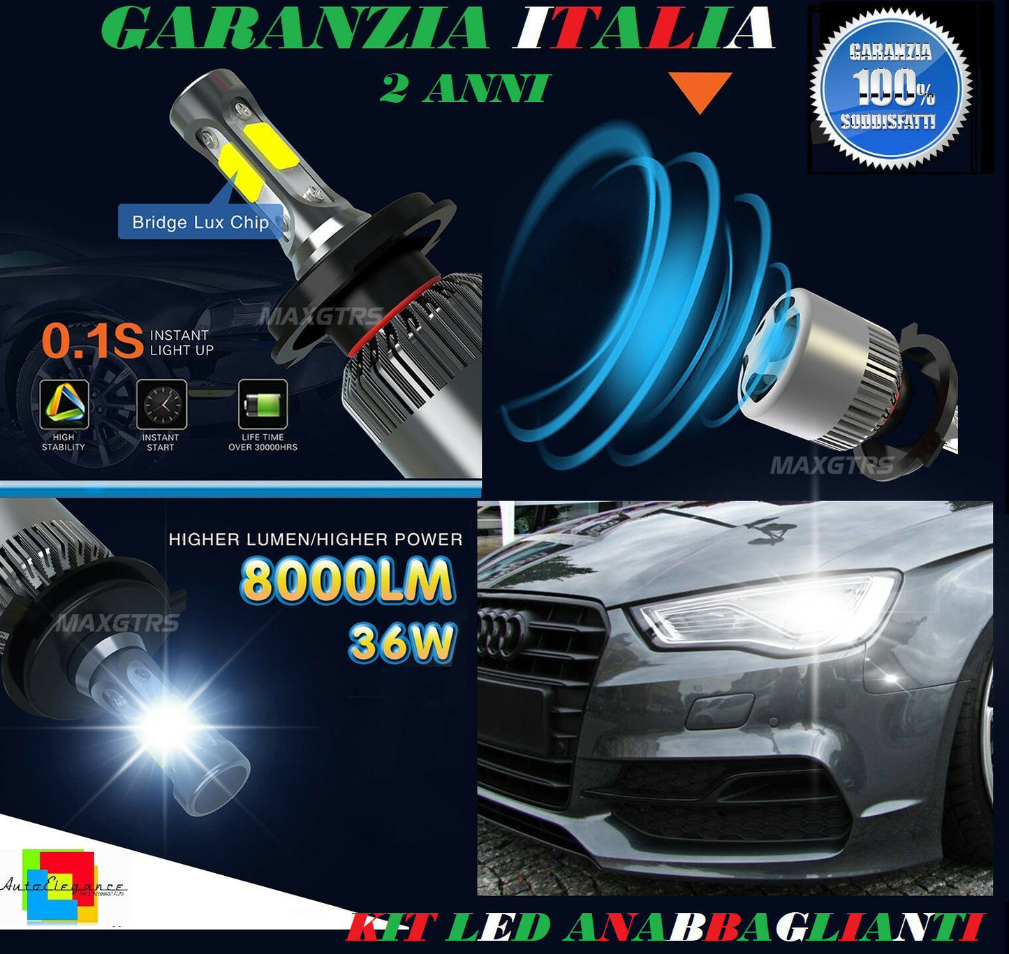 LAMPADE ANABBAGLIANTI 36W LED AUDI A3 8V 2012 IN POI LAMPEGGIO ISTANTANEO 6000K