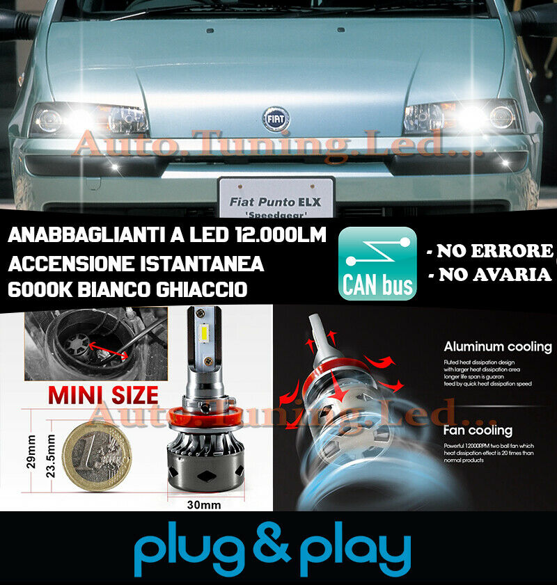 LED LOW BEAM HEADLIGHTS FIAT PUNTO 188 INSTANT NO FAILURE 12.000LM