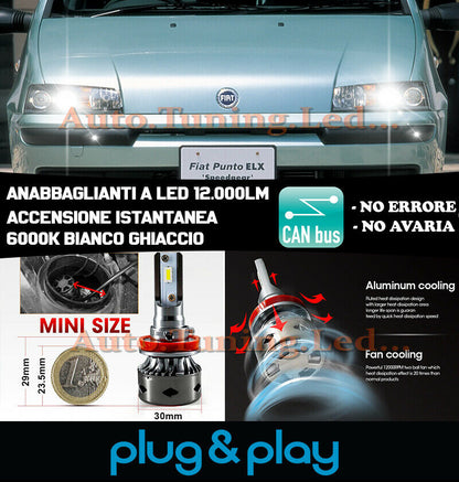 LED LOW BEAM HEADLIGHTS FIAT PUNTO 188 INSTANT NO FAILURE 12.000LM