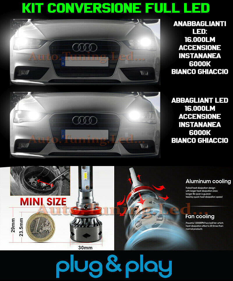 LAMPADE ANABBAGLIANTI + ABBAGLIANTI LED 16.000LM PER AUDI A4 B8 2012+ NO AVARIA