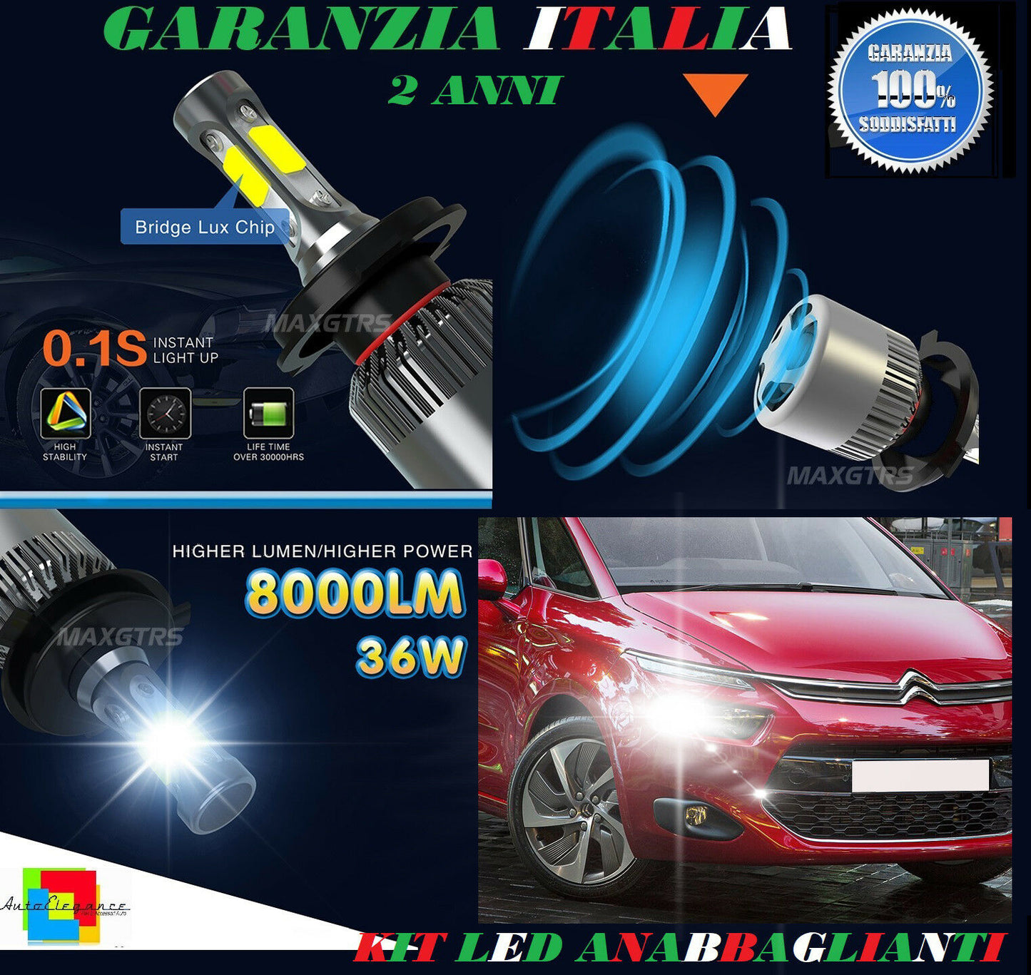 LAMPADE ANABBAGLIANTI 36W LED CITROEN C4 Grand Picasso 2013+ ISTANTANEO 6000K