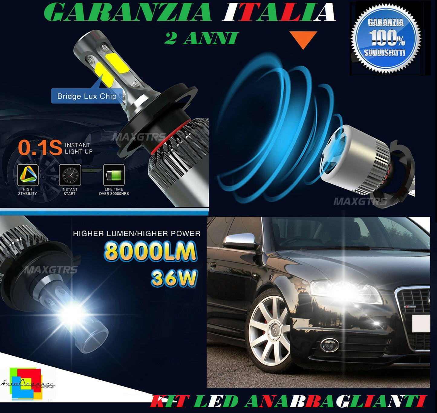 LAMPADE ANABBAGLIANTI 36W LED AUDI A4 B7 2004-2007 LAMPEGGIO ISTANTANEO 6000K