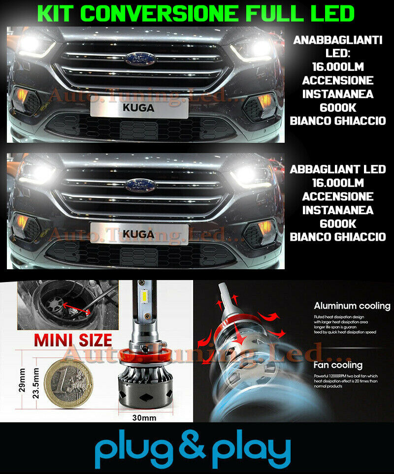 LAMPADE ANABBAGLIANTI + ABBAGLIANTI LED 16.000LM FARI LENTE FORD KUGA II LIFT
