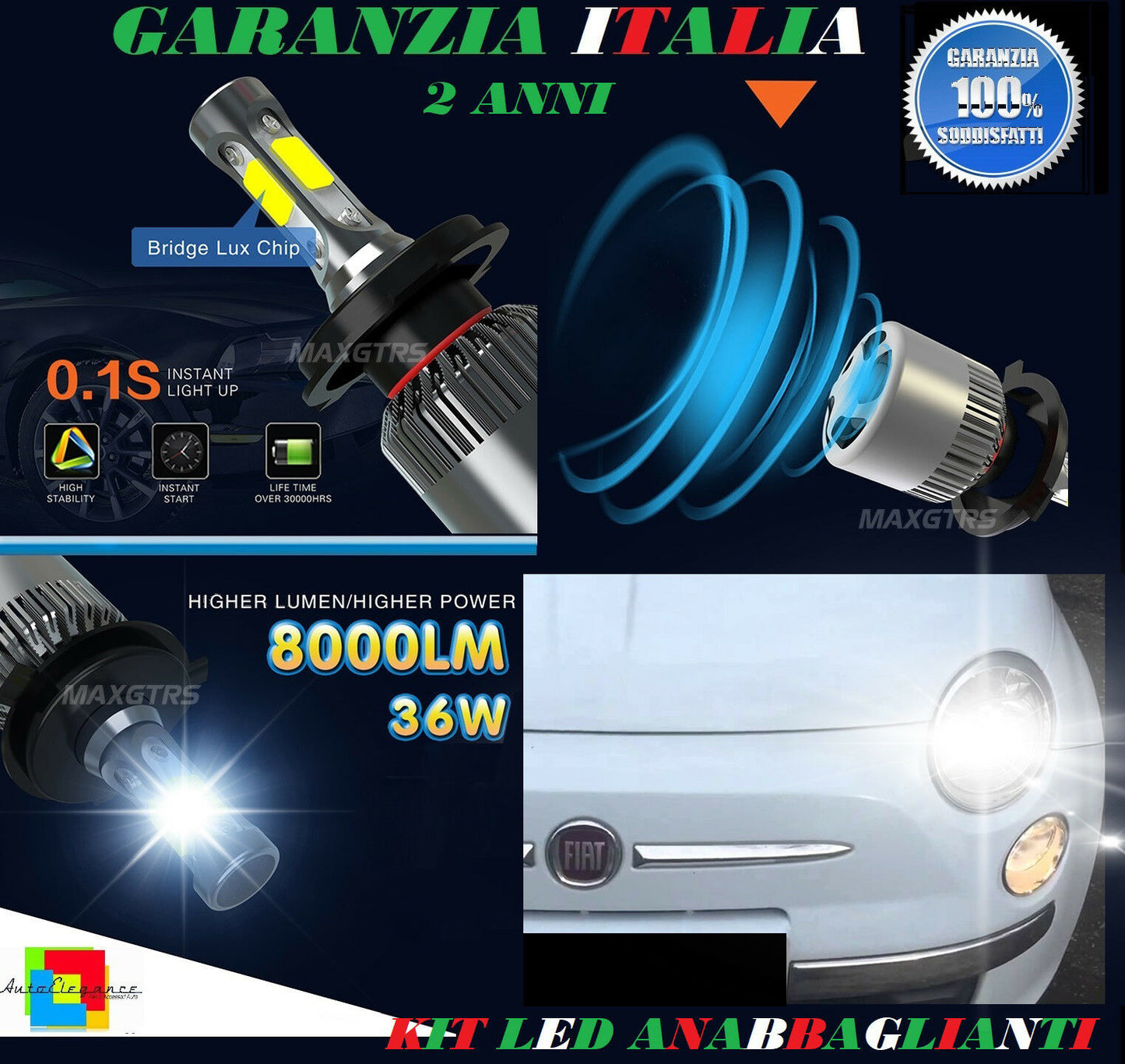 LAMPADE ANABBAGLIANTI 36W LED FIAT 500 2007 IN POI ISTANTANEO 6000K