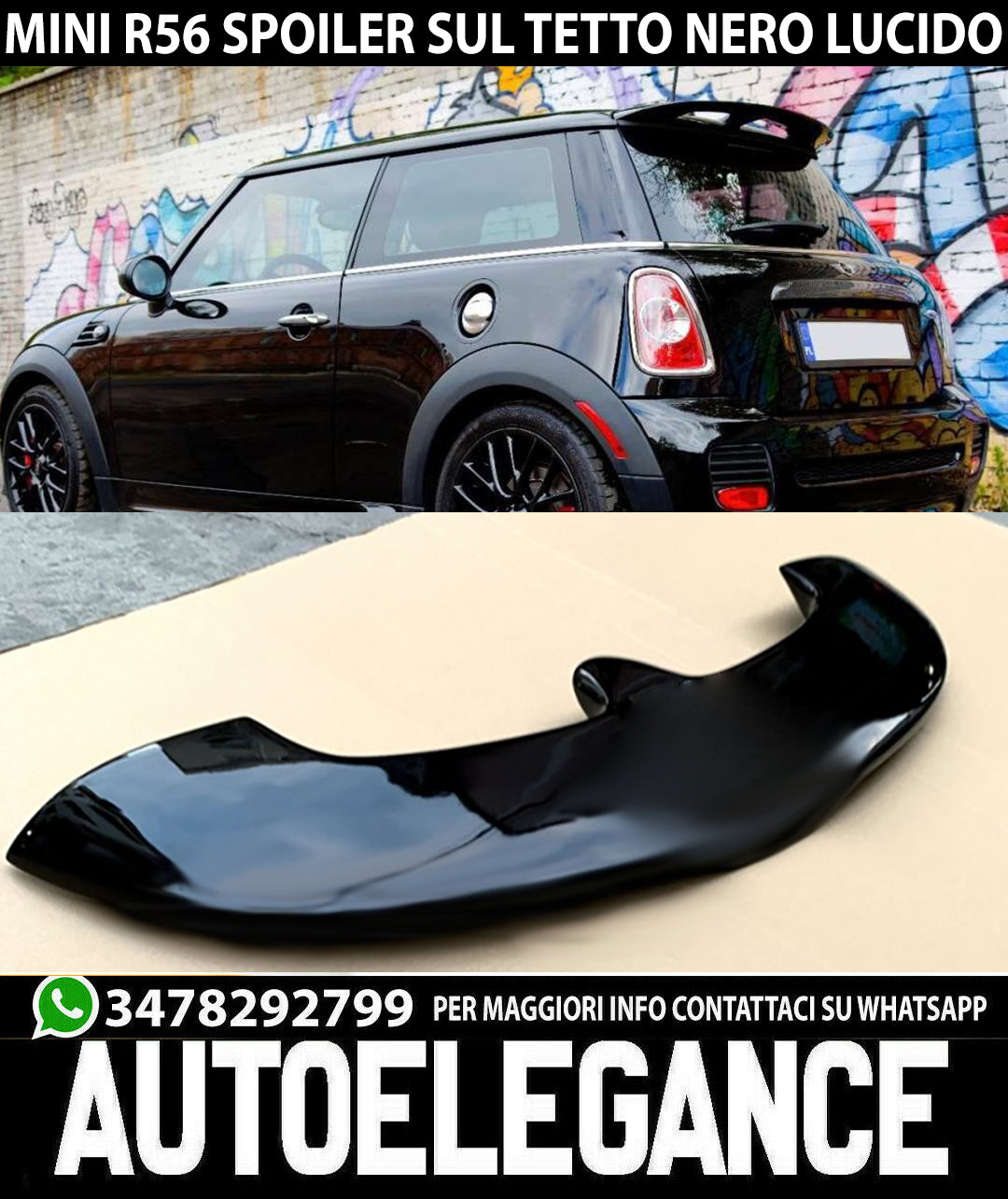 MINI COOPER R56 2005-2014 SPOILER POSTERIORE SUL TETTO SPORTIVO NERO LUCIDO 0154