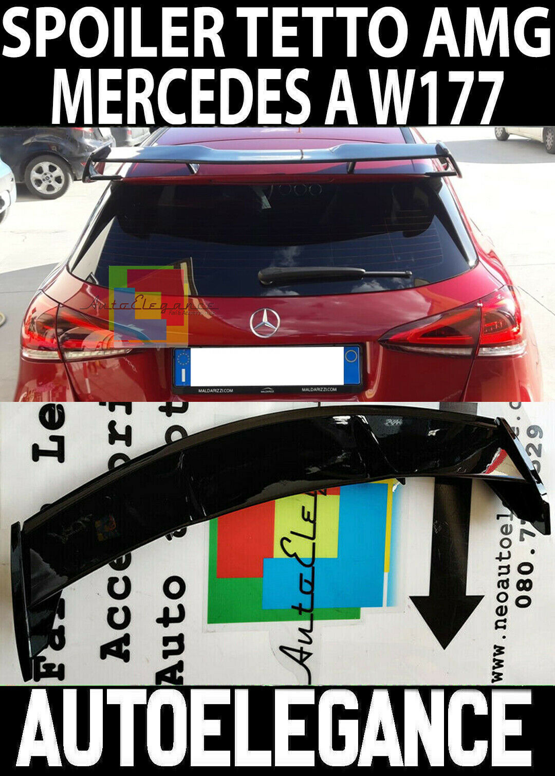 0286 MERCEDES CLASSE A W177 LOOK AMG SPOILER TETTO IN ABS NERO LUCIDO A45 AUTOELEGANCERICAMBI