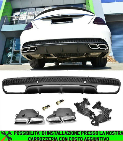 MERCEDES CLASSE C W205 S205 DIFFUSORE NERO SOTTO PARAURTI POSTERIORE + TERMINALI