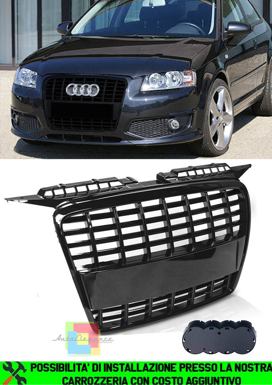 AUDI A3 8P 2004-2008 GRIGLIA ANTERIORE LOOK SLINE S3 NERO LUCIDO ABS AUTOELEGANCERICAMBI