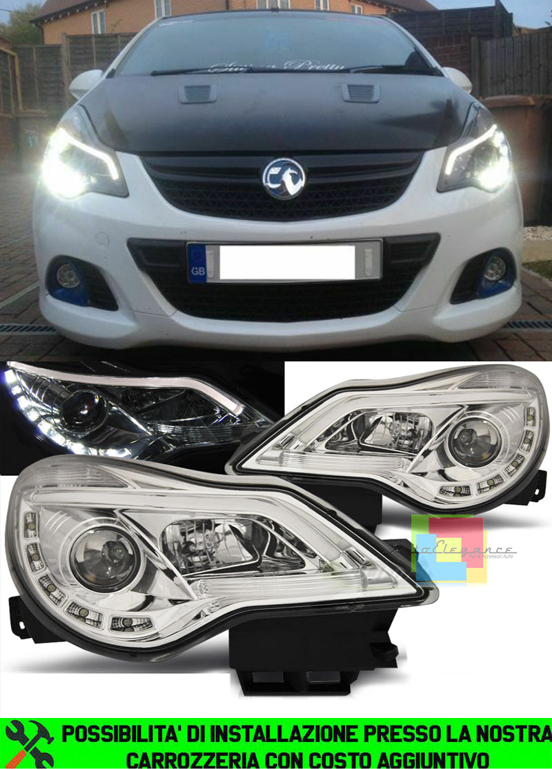 OPEL CORSA D 2011-2015 RESTYLING FARI ANTERIORI DIURNE LED FANALI CROMATI