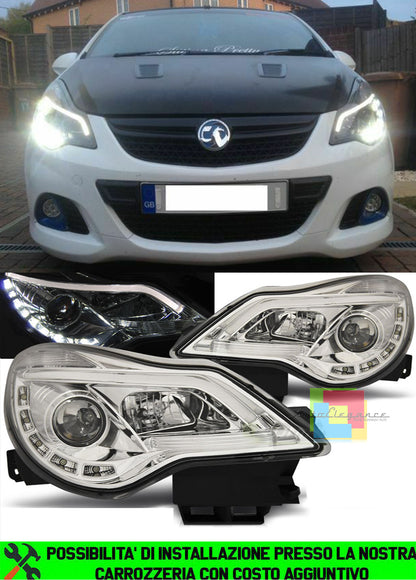 OPEL CORSA D 2011-2015 RESTYLING FARI ANTERIORI DIURNE LED FANALI CROMATI