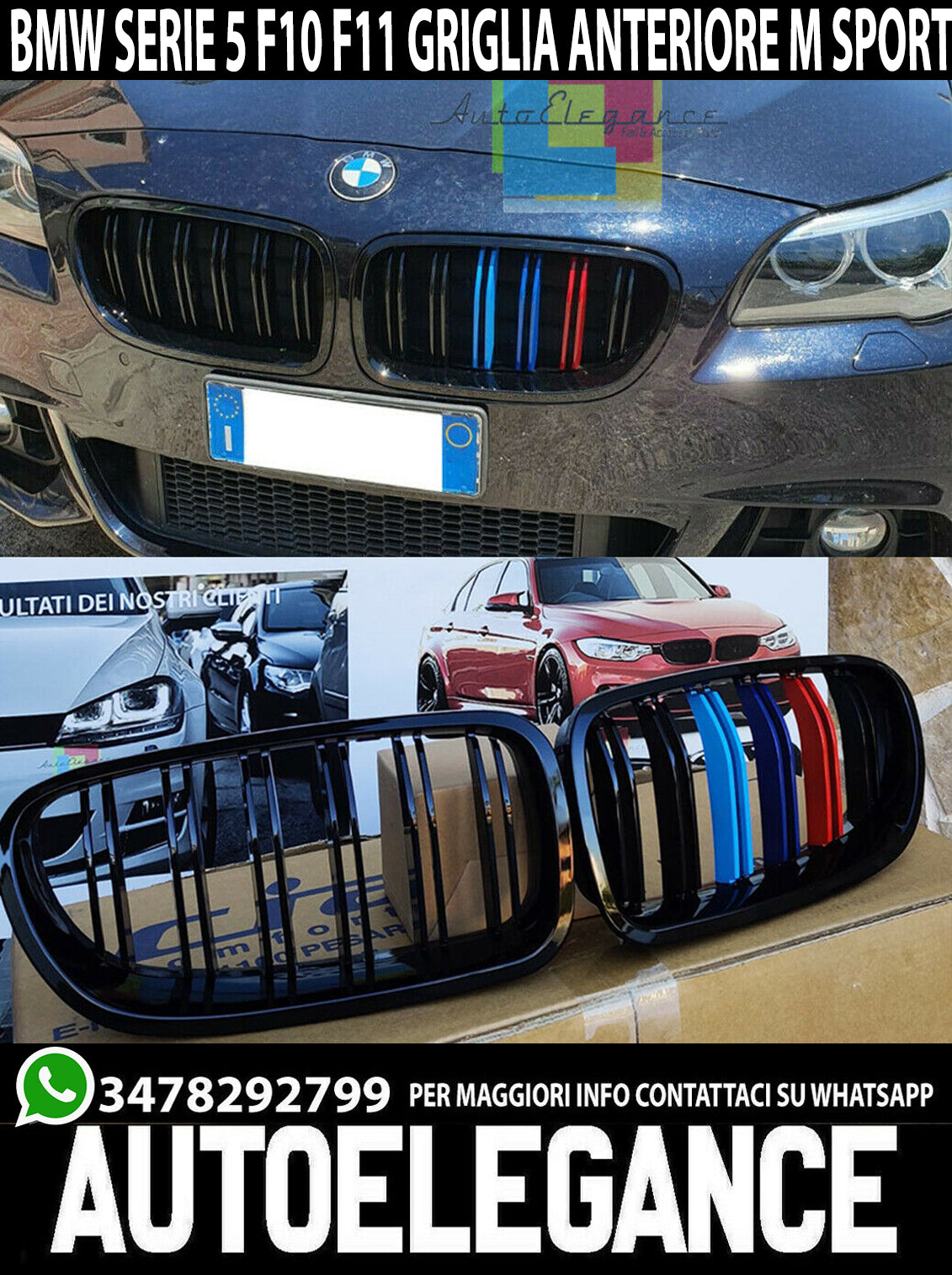 DOPPIA STRISCIA BMW SERIE 5 F10 F11 09-17 GRIGLIE ANTERIORI 3 COLORI M ABS