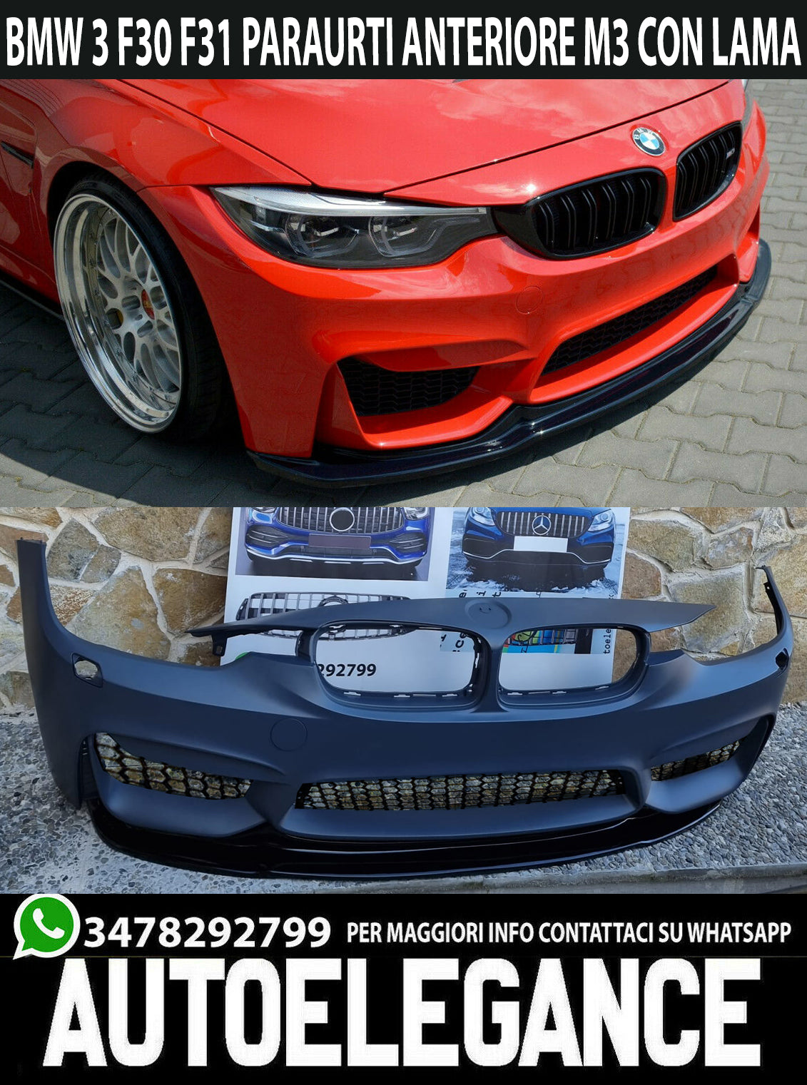 PARAURTI ANTERIORE BMW SERIE 3 F30 F31 2011-2018 LOOK M3 + LAMA ABS