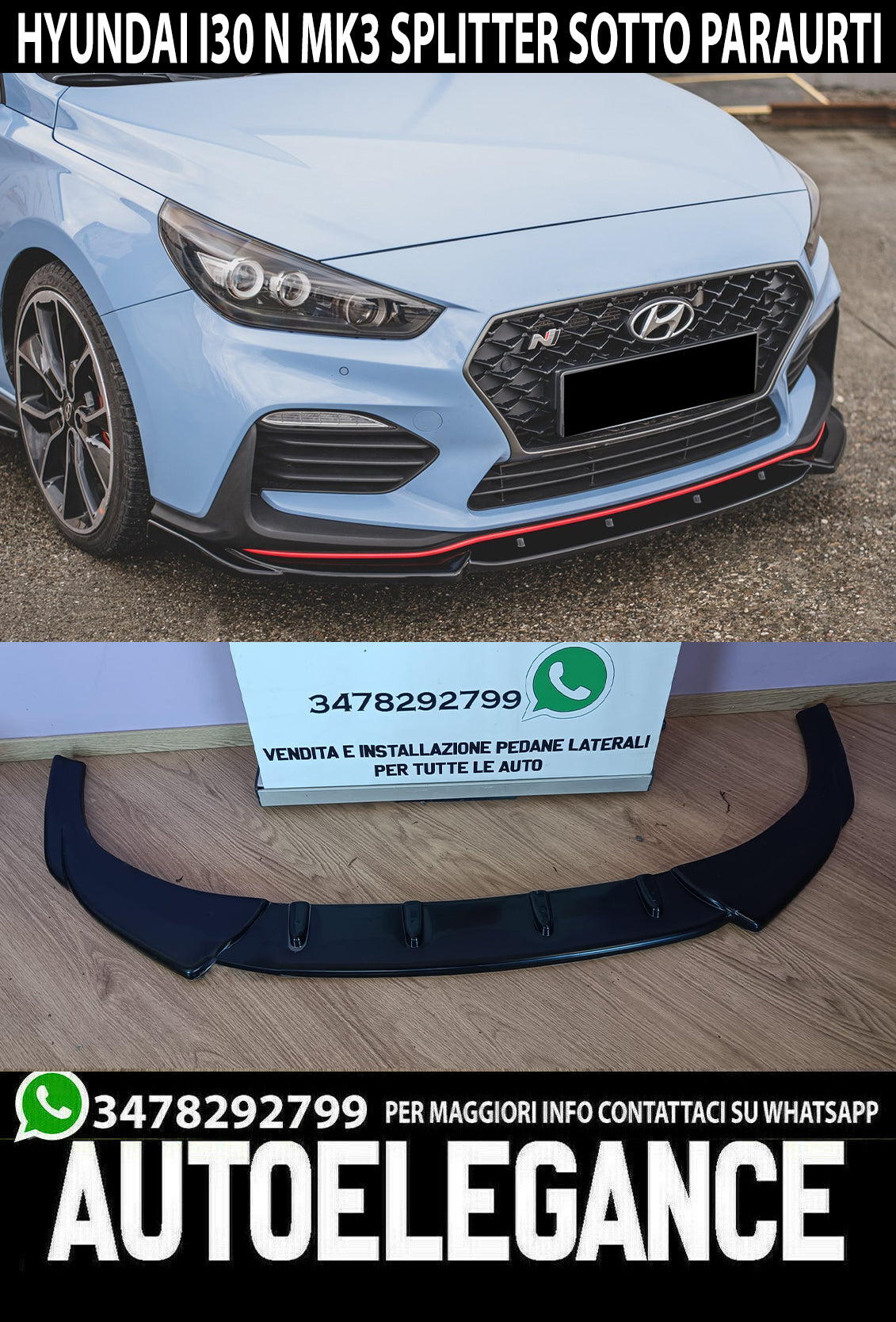 FRONT BUMPER UNDER HYUNDAI I30 N MK3 2017+ ABS GLOSS BLACK SPLITTER 0207