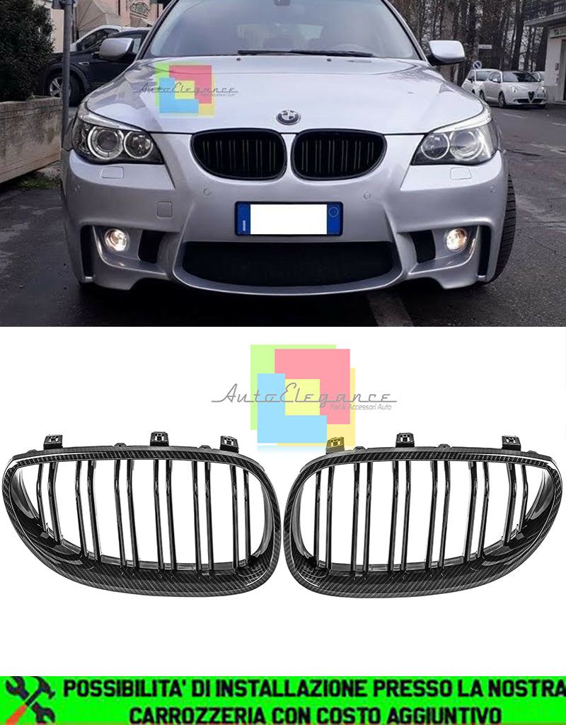 BMW SERIE 5 E60 E61 GRIGLIE ANTERIORI CARBONIO DOPPIA STRISCIA M5 LOOK AUTOELEGANCERICAMBI