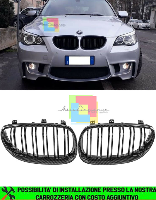BMW SERIE 5 E60 E61 GRIGLIE ANTERIORI CARBONIO DOPPIA STRISCIA M5 LOOK AUTOELEGANCERICAMBI