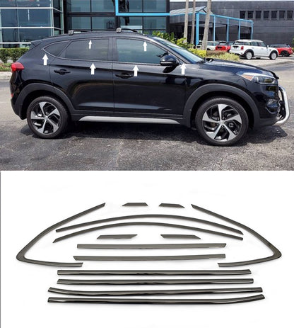 HYUNDAI TUCSON TLE 2015+ CORNICE COMPLETA FINESTRINI ACCIAIO INOX NERO 14 PEZZI