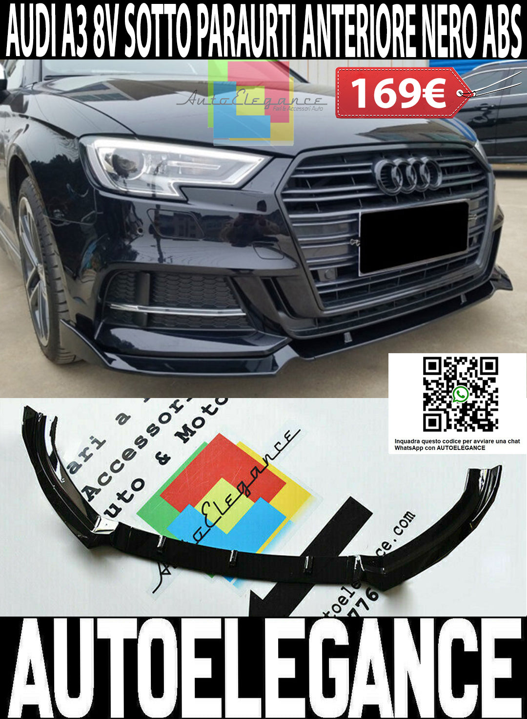 AUDI A3 8V 2017+ SLINE BUMPER SPLITTER ABS GLOSS BLACK RS3 S3 SPOILER