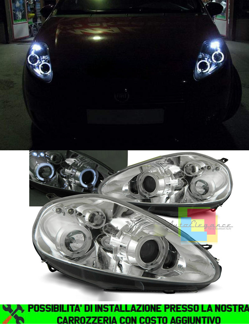 FIAT GRANDE PUNTO 2005-2008 FARI ANGEL EYES BIANCHI FANALI SPORTIVI CROMATI H1 / H1
