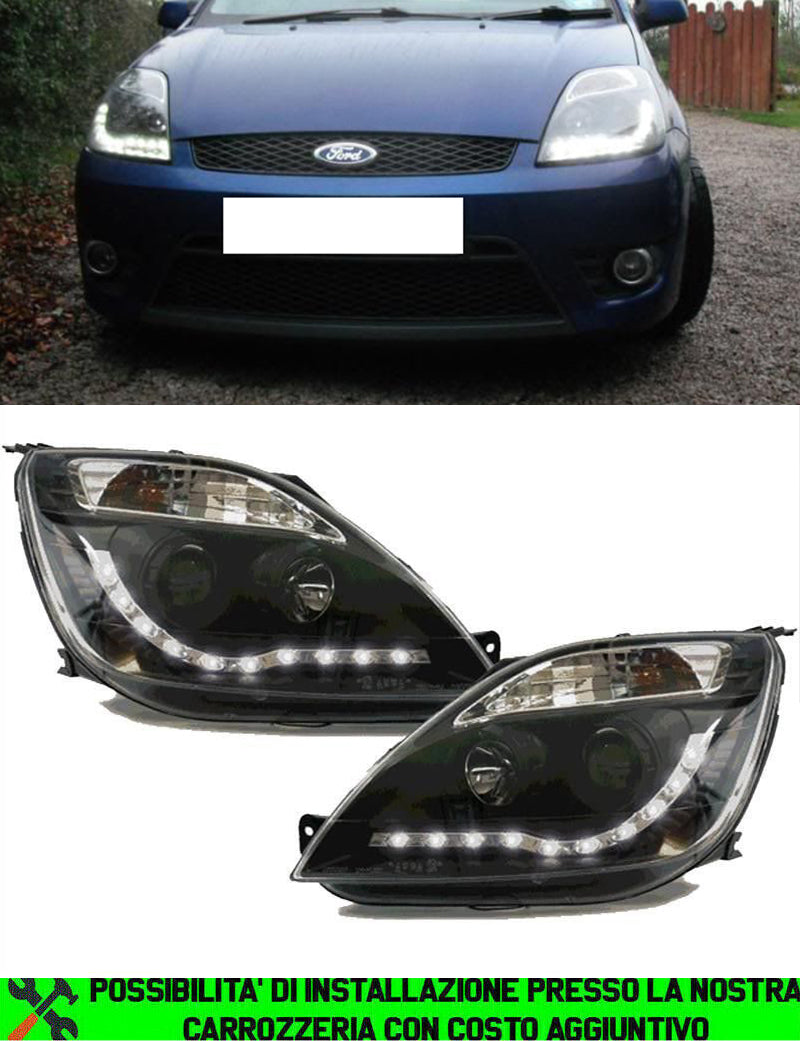 FORD FIESTA MK6 2002-2005 DRL LED POSITION HEADLIGHTS BLACK LENTICULAR HEADLIGHTS