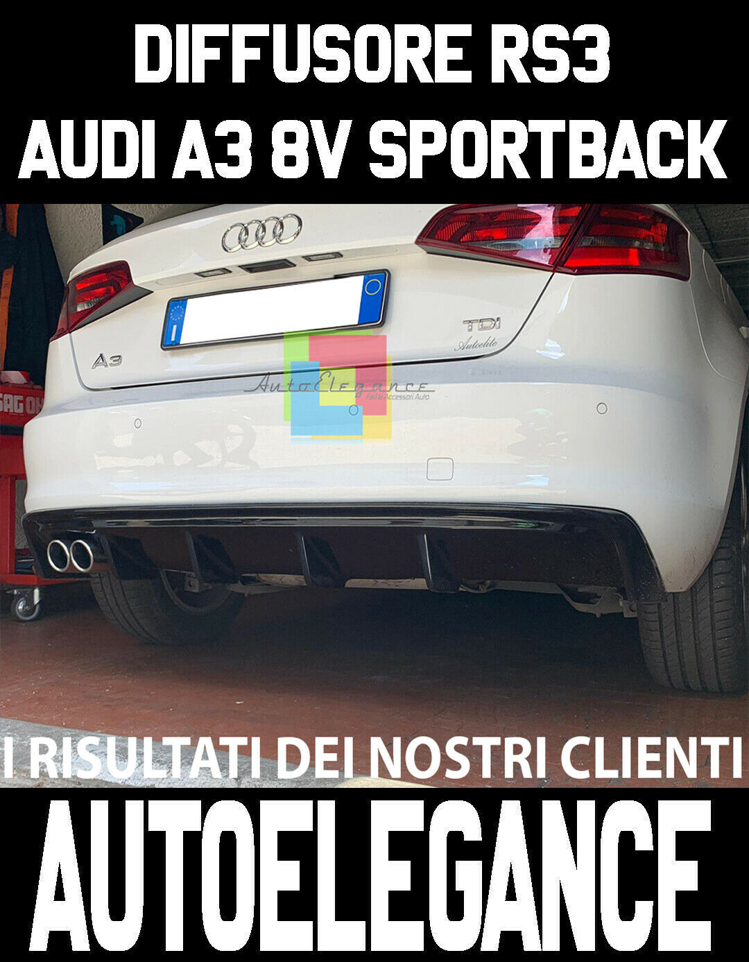 0177 SOTTO PARAURTI AUDI A3 8V SPORTBACK 2012-2015 DIFFUSORE RS3 ABS NERO LUCIDO AUTOELEGANCERICAMBI