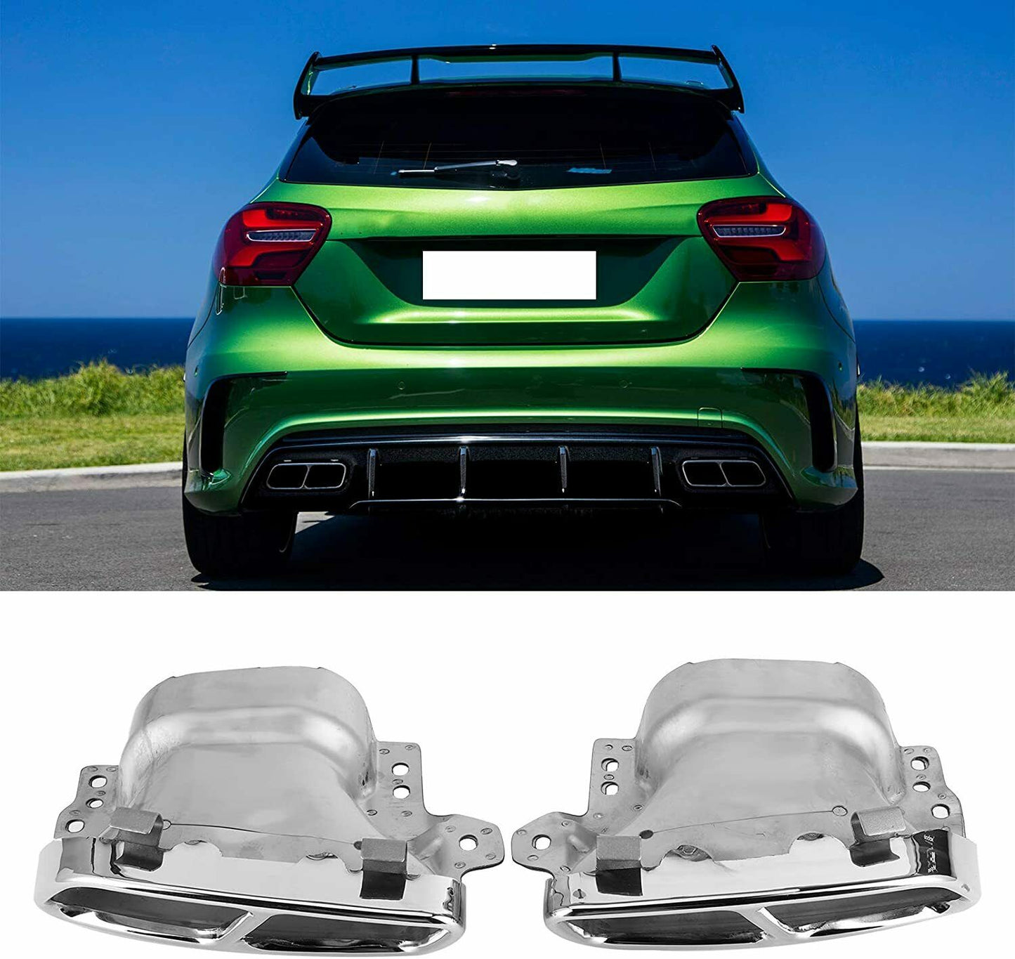 ADATTO PER MERCEDES CLASSE A W176 CLA W117 TERMINALI DI SCARICO LOOK AMG ACCIAIO INOX CROMATO AUTOELEGANCERICAMBI