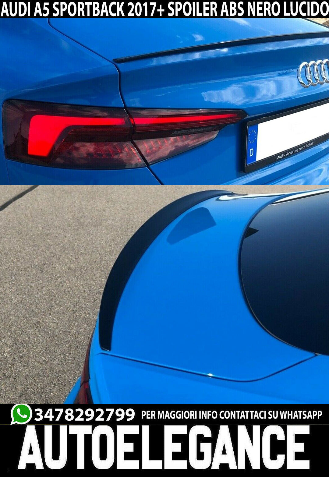 AUDI A5 F5 SPORTBACK SPOILER POSTERIORE COFANO ABS SLINE S5 NERO LUCIDO AUTOELEGANCERICAMBI