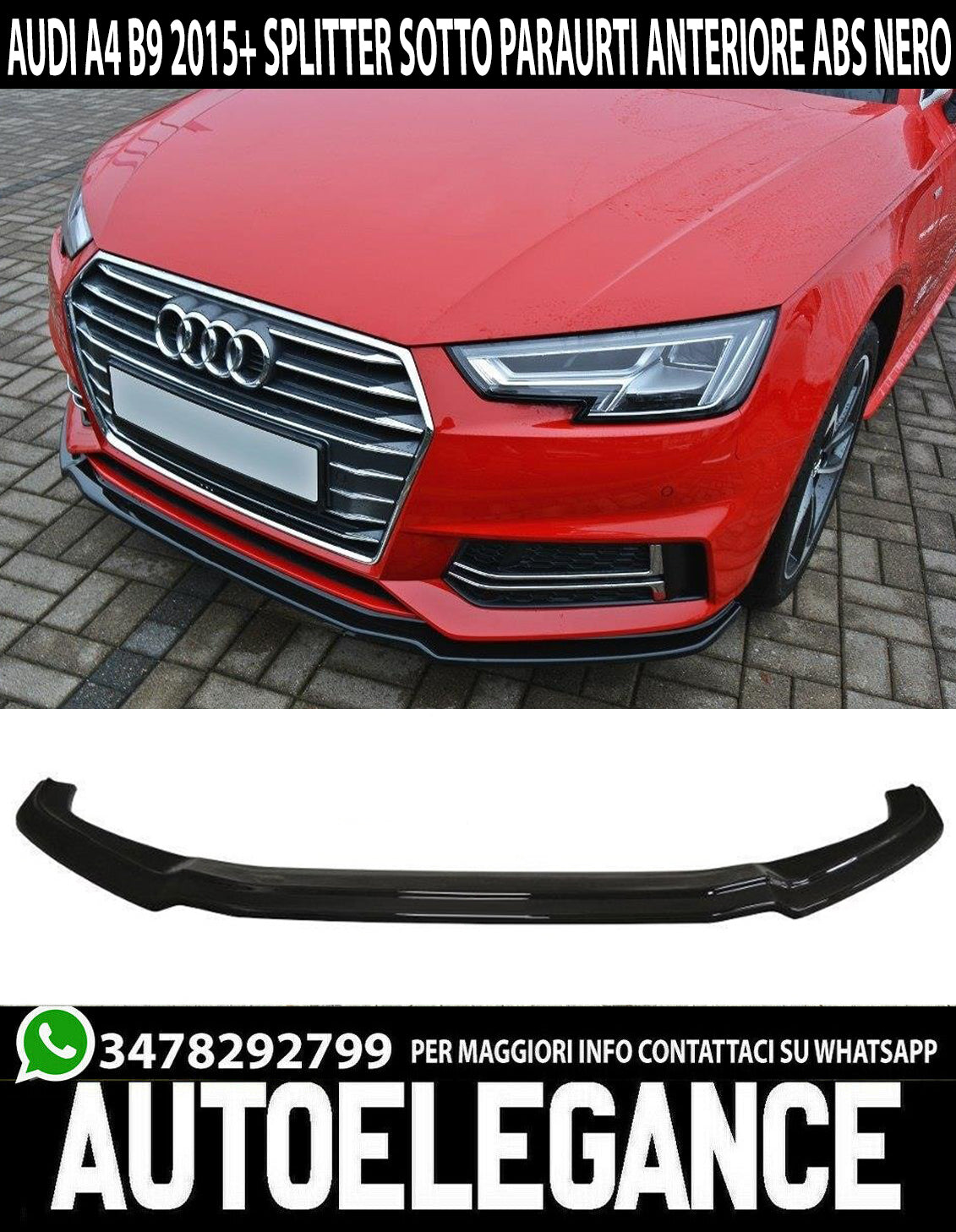 AUDI A4 8W B9 2015+ FRONT BUMPER SPLASH GUARD IN ABS RS LOOK BLACK SPLITTER