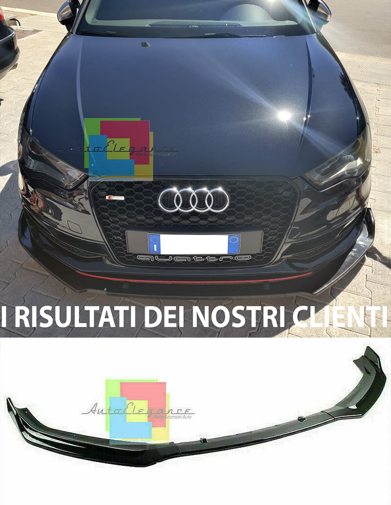 AUDI A3 8V SPORTBACK SLINE SPLITTER SOTTO PARAURTI ANTERIORE NERO LUCIDO LAMA 3 PEZZI AUTOELEGANCERICAMBI