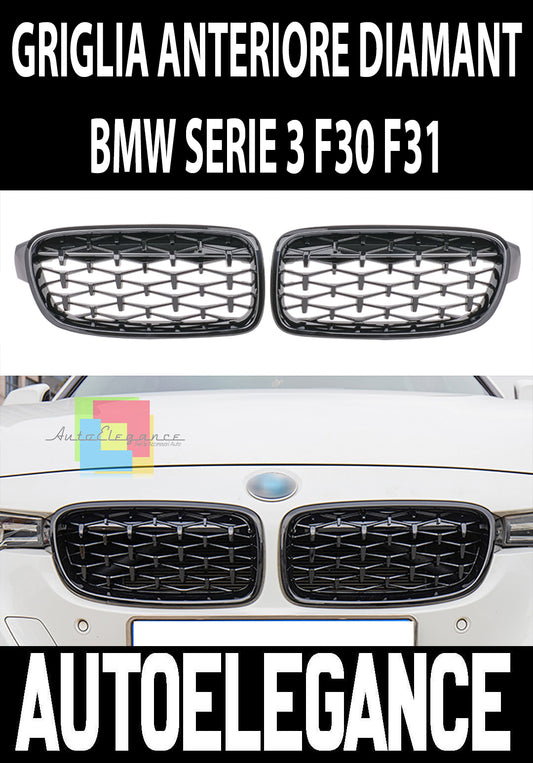 BMW SERIE 3 F30 F31 GRIGLIA ANTERIORE TOTAL BLACK LOOK M DIAMANT EXCLUSIVE AUTOELEGANCERICAMBI