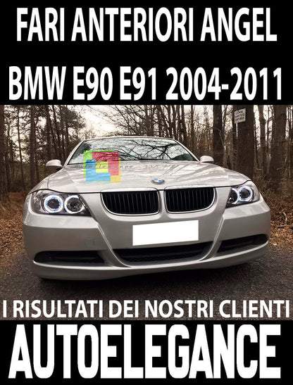 BMW SERIE 3 E90 E91 2005 - 2011 FARI NERI CON ANELLI ANGEL EYES LED BIANCHI AUTOELEGANCERICAMBI