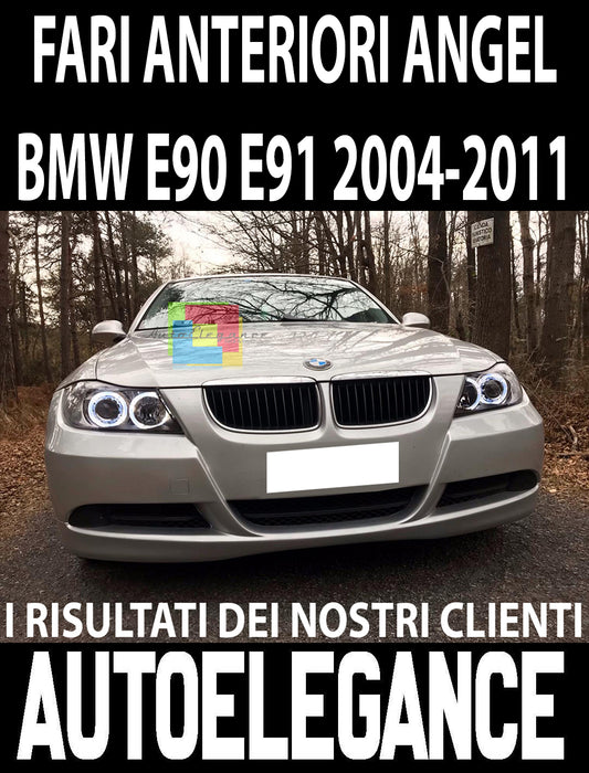 BMW SERIE 3 E90 E91 2005 - 2011 FARI NERI CON ANELLI ANGEL EYES LED BIANCHI AUTOELEGANCERICAMBI